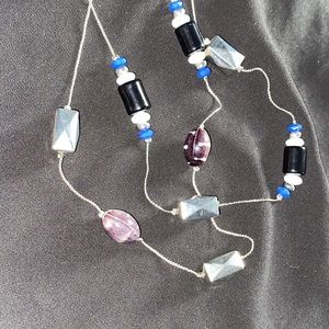 Double Strand Blue Green Clear Glass Bead Silver Tone Necklace.